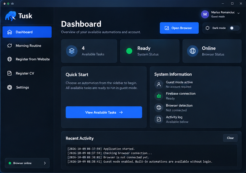 Tusk Core desktop dashboard interface