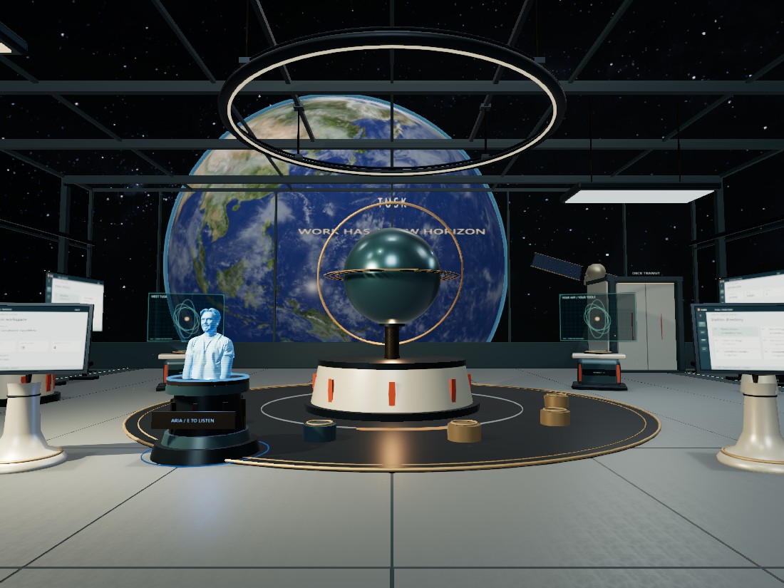 The revised Tusk orbital atrium with its supported ceiling light ring, blue hologram guide, interactive consoles and Earth beyond the windows